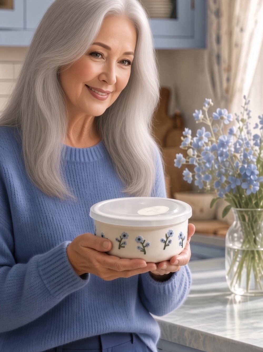 Ceramic Bowl with Venting Lid - Blue & Navy Floral Motif Textured Flower Design